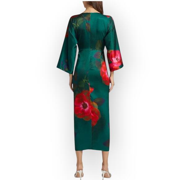 Sz 8 FIGUE Kyle Dress Floral Teal V-Neck Midi Dolman/Kimono TwistFront Satin NEW - Picture 3 of 16